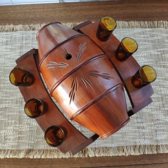 Wooden Barrel Set with 6 Glasses, Vintage Stand Caddy 9.5" - Picture 5 of 16